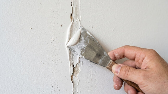 Patching hole in drywall with putty knife smoothing compound into crack. Repair process includes careful application of paste for effective sealing and finishing touch.