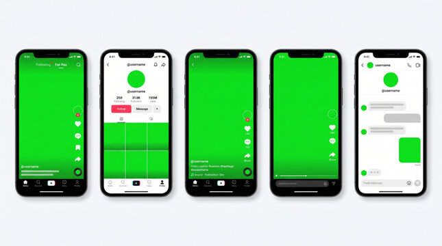 TikTok style social media app interface mockup for smartphone with green screen chroma key placeholders. Profile, video feed, story, discovery and messaging screens in mobile application UI design.