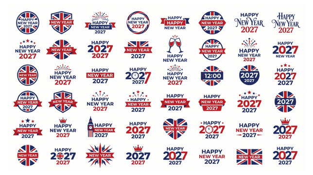 Set of happy new year 2027 logos with british flag elements and national symbols celebration collection greeting typography firework seasonal countdown illustration decorative