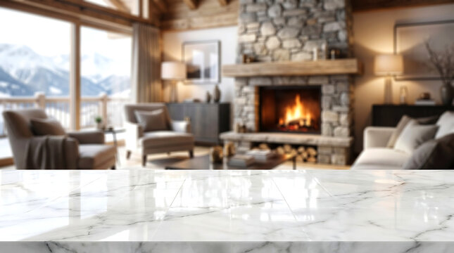 White marble table top with blurred luxury mountain lodge fireplace background for winter product showcase mockup