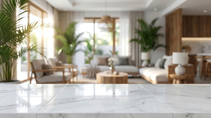 Fototapeta premium White marble table top with blurred bright sunlit modern living room background for home decor product showcase