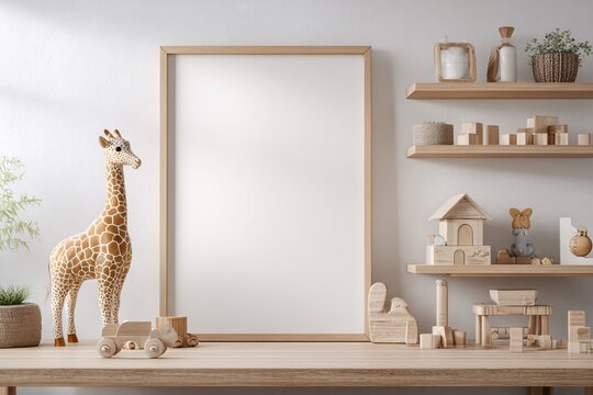 Empty wooden picture frame mockup in a cozy nursery room