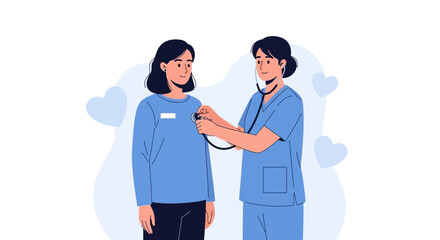 Fototapeta premium Doctor with patient, nurse using stethoscope for checkup, heart symbols