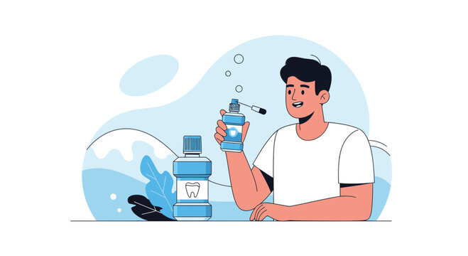 Man using mouthwash for fresh breath and healthy smile, dental hygiene