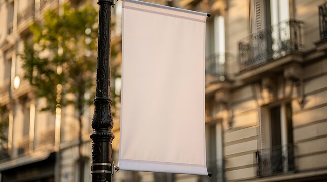 Blank white vertical street banner flag mockup hanging on a lamppost surrounded by urban architecture for commercial marketing campaign display and outdoor marketing collateral template layout display