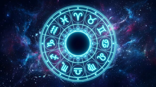 Glowing neon blue zodiac wheel with astrological signs arranged in a circle against a deep space nebula background