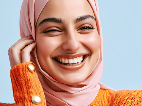 Portraits de Jeunes Femmes Musulmanes Asiatiques Souriantes en Hijab et V&ecirc;tements Oranges
