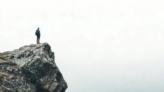 A person stands on a cliff edge looking out over the ocean. The sky is cloudy, and the waves crash against the rocks below. The atmosphere is cool and fresh. The view shows the horizon far away