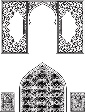 Islamic arch vector templates with traditional Arabic geometric patterns and floral ornaments for laser cutting and design