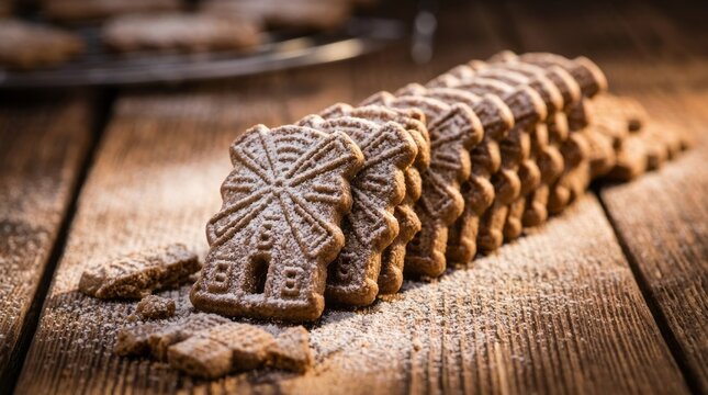 Deliciously decorated windmill shaped cookies dusted with powdered sugar on rustic wooden surface