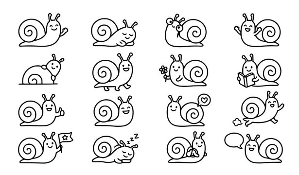 Cute snail doodle icon set featuring happy hand drawn outline characters with smiling shell cartoon vector illustration collection