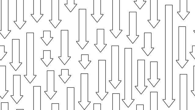 Minimal seamless pattern featuring clean outline downward arrows on a transparent background for decrease, decline, reduction themes, and financial charts. Downward arrow pattern background.