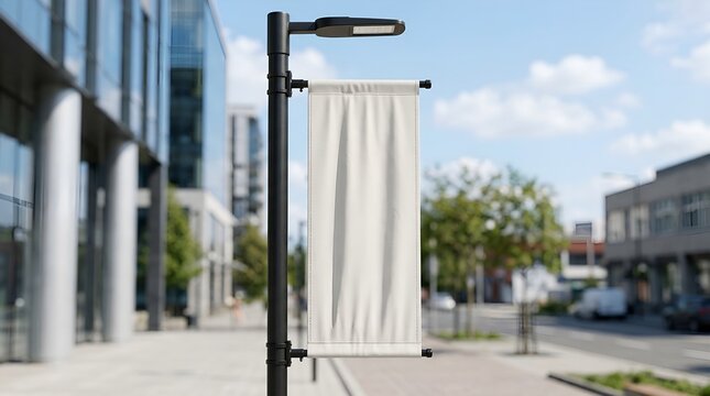 Vertical outdoor street banner mockup blank white hanging on a lamppost along a commercial city street for commercial marketing campaign display and outdoor marketing collateral template layout promo.