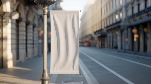 Clear white vertical advertising flag mockup displayed on a street pole in a modern urban city environment for public outdoor advertising layout and outdoor marketing collateral template layout event.