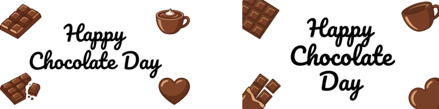 Happy chocolate day banner with cocoa hot drinks and heart elements