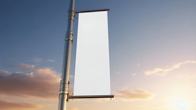 White blank street flag mockup attached to an outdoor lighting pole surrounded by urban architecture for corporate identity presentation and outdoor marketing collateral template layout marketing.