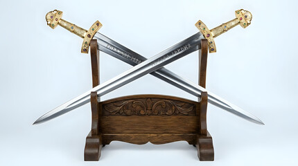 Obraz premium Two ornate decorative swords displayed on a wooden stand against a neutral background with medieval