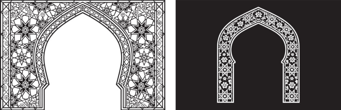 Arabic arch vector stencil with traditional geometric patterns and floral ornaments for laser cutting and decorative frame design