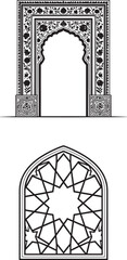 Islamic arch and geometric window vector set with traditional oriental floral patterns and star ornaments for decorative design © RezaVya 01