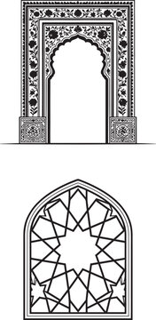 Islamic arch and geometric window vector set with traditional oriental floral patterns and star ornaments for decorative design