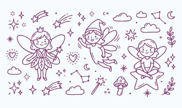 Vector line art doodle of a cute fairy