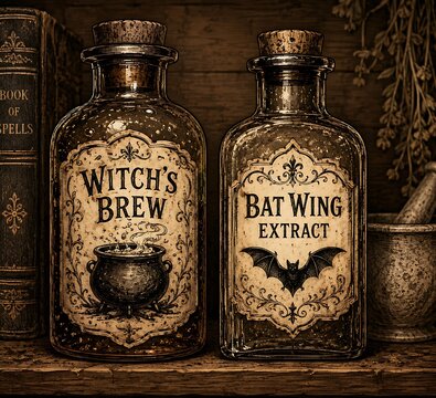 Vintage Halloween potion bottles with witch's brew and bat wing extract labels on a rustic wooden shelf, spooky apothecary background generative AI