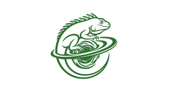 Green lizard logo with circular design elements.