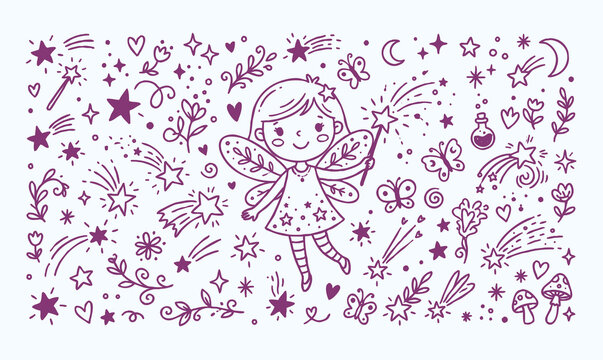 Vector line art doodle of a cute fairy