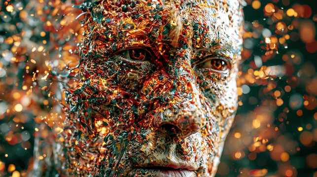 Cybernetic face fire futuristic portrait artificial intelligence molten metal skin glowing ember texture digital art human android sci fi concept surreal artwork intense stare cybernetic face fire
