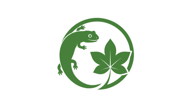 Green lizard and leaf circular logo design.