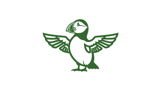 Green puffin bird with outstretched wings illustration.