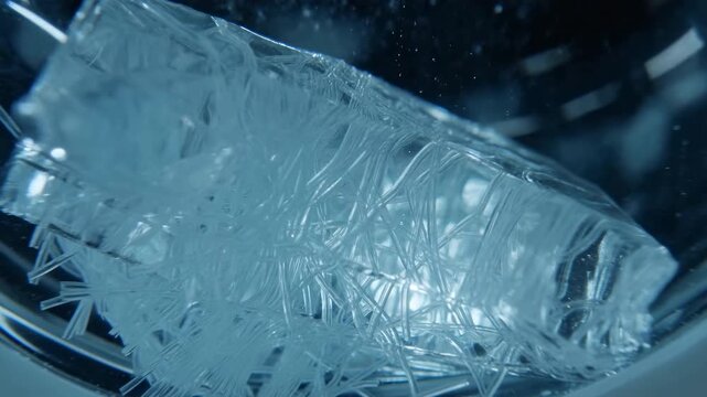 Translucent ice block inside a metal chamber