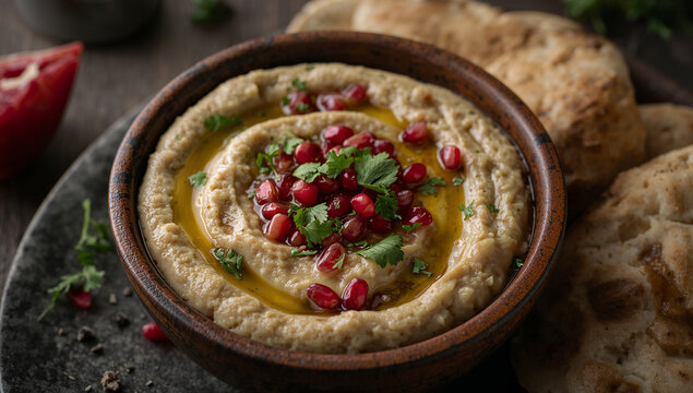 Roasted eggplant dip baba ganoush topped with fresh pomegranate seeds and olive oil in a ceramic bowl with pita bread eggplant pomegranate appetizer mediterranean vegetarian traditional