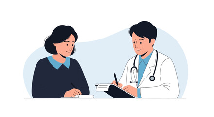 Fototapeta premium Doctor consulting patient, healthcare consultation, medical appointment, doctor writing notes, patient interview, clinic visit illustration