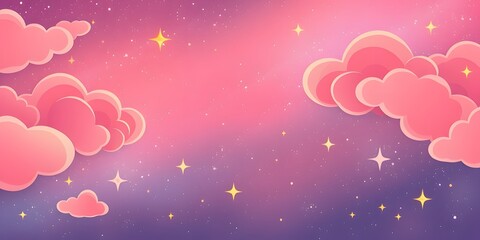 Obraz premium Whimsical cartoon outer space background featuring vibrant pink and orange nebula clouds, glowing stars, sparkles, and a dreamy cosmic atmosphere.