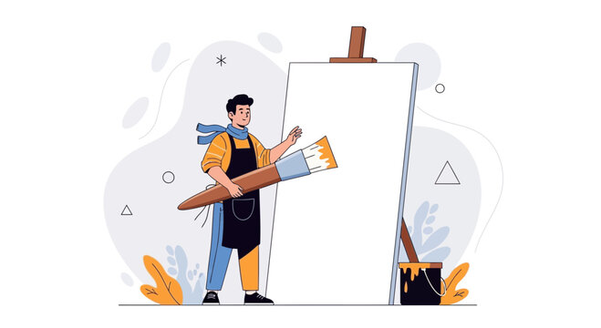 Artist painting on canvas with big brush, creative process, modern flat illustration
