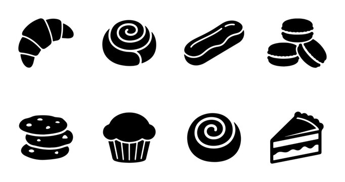 Bakery Icons Set: Croissant, Macaron, Eclair, Muffin, Cookie, Pastry Vector Graphics for Food Business