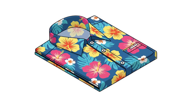 Folded Hawaiian shirt with tropical hibiscus floral pattern illustration