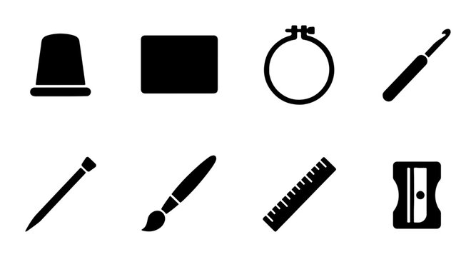 Crafting Tools Icons Set: Sewing Thimble, Fabric Square, Hoop, Crochet Hook, Brush, Ruler, Sharpener