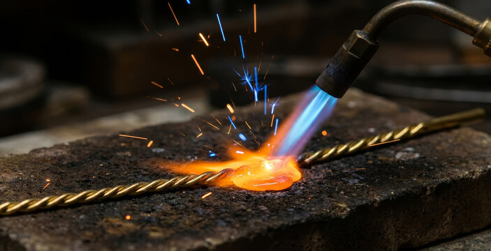 Professional Jeweler Soldering Twisted Metal Wire with Precision Blowtorch and Molten Gold in Artisan Workshop, Traditional Jewelry Making Process with Sparks and Extreme Heat