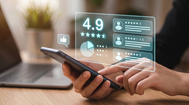Close-up of hands holding smartphone with holographic interface showing customer review rating score of 4.9 stars, user feedback icons, pie chart