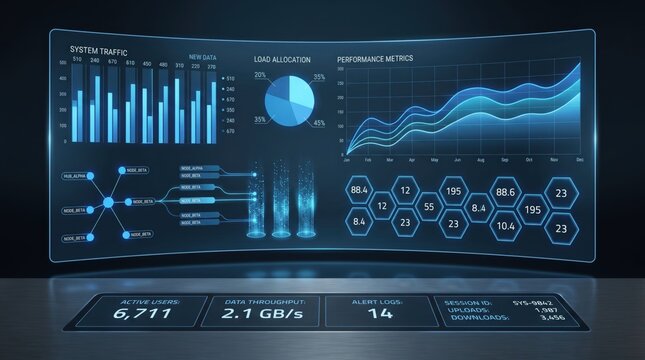 Futuristic curved wide monitor displaying system traffic dashboard with blue bar charts, load allocation pie graph, performance metrics line waves, hexagonal data nodes