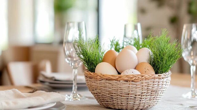 A basket filled with eggs and greens sits on a table. The table is set for breakfast. Glasses and plates are ready for a meal in the morning light