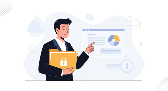 Businessman holding a locked folder and pointing to a digital report with charts and a key symbolizing data security and access control.