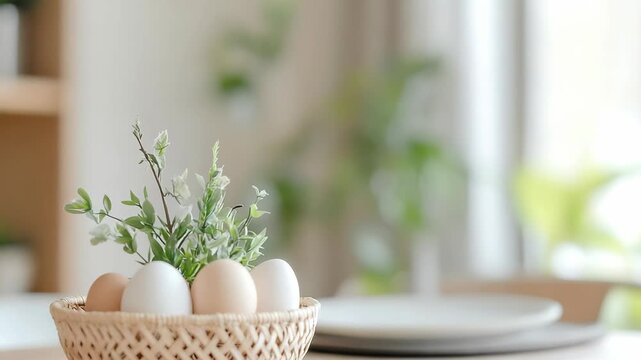 A basket holds several eggs and a small plant on a table. The table is set in a bright room filled with sunlight. Green plants are in the background adding life to the setting