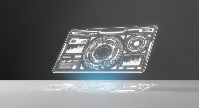 Futuristic Holographic User Interface Display with Data Visualizations and Circular Gauges