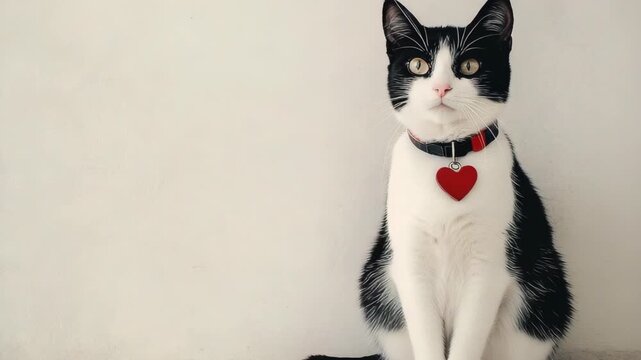 A black and white cat sits still and poses for camera shots. The cat has a red heart collar and looks directly at the camera. The background is a simple plain wall