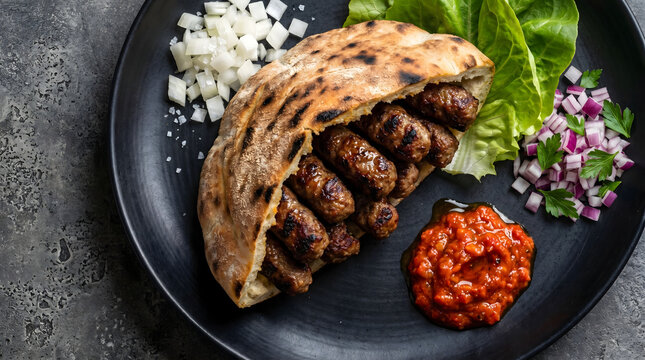 Traditional Balkan cevapi grilled minced meat links in somun flatbread with ajvar and onions served on black plate