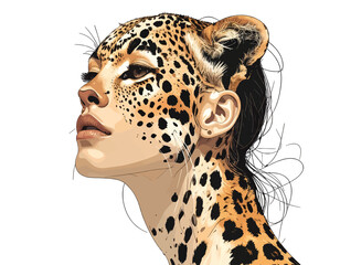 A stylized portrait of a woman with feline features and spotted fur © ab