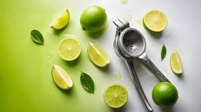 Fresh lime juice, citrus fruits and squeezer on background for kitchen, cooking and food blog. Sliced fruit, organic ingredients and metal tool for health, refreshment and making cocktails today.